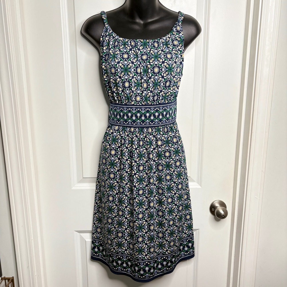 Max Studio Navy Blue Floral Medallion Empire Waist Sleeveless Dress Large EUC